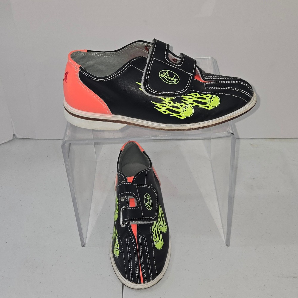 Lindy 2024B Youth Bowling Shoes Black Neon Orange Flame Graphic